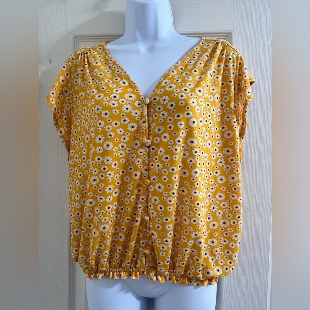 Orange Kiss- Yellow, White & Black Flowers Button up Loose fitting top. Size: XL